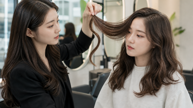Hai phụ nữ trong tiệm tóc đang kiểm tra một lọn tóc uốn bị kéo thẳng ra bằng tay
