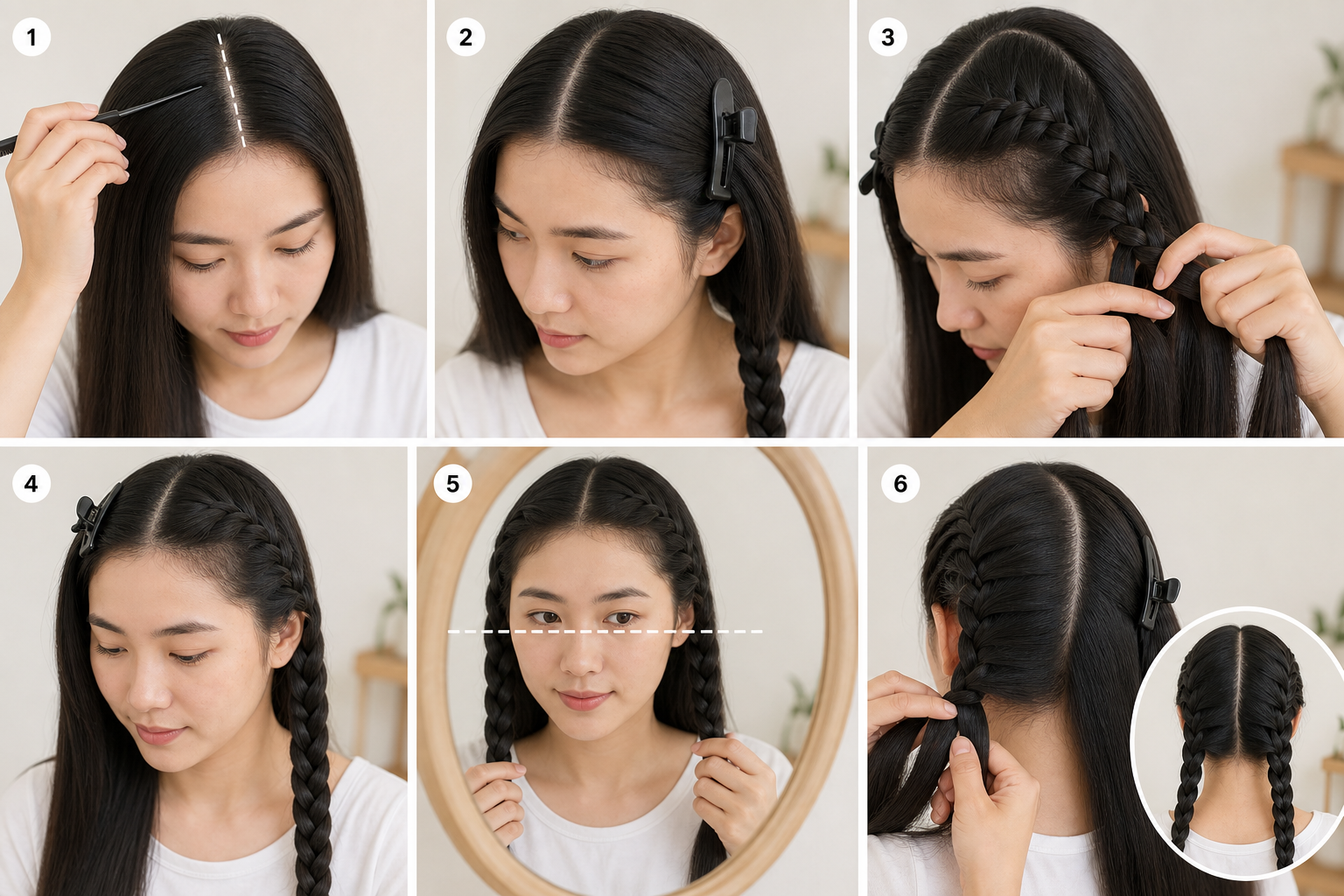 Người phụ nữ đang tết tóc hai bên với tóc được chia ngôi giữa và kẹp cố định từng bên.
