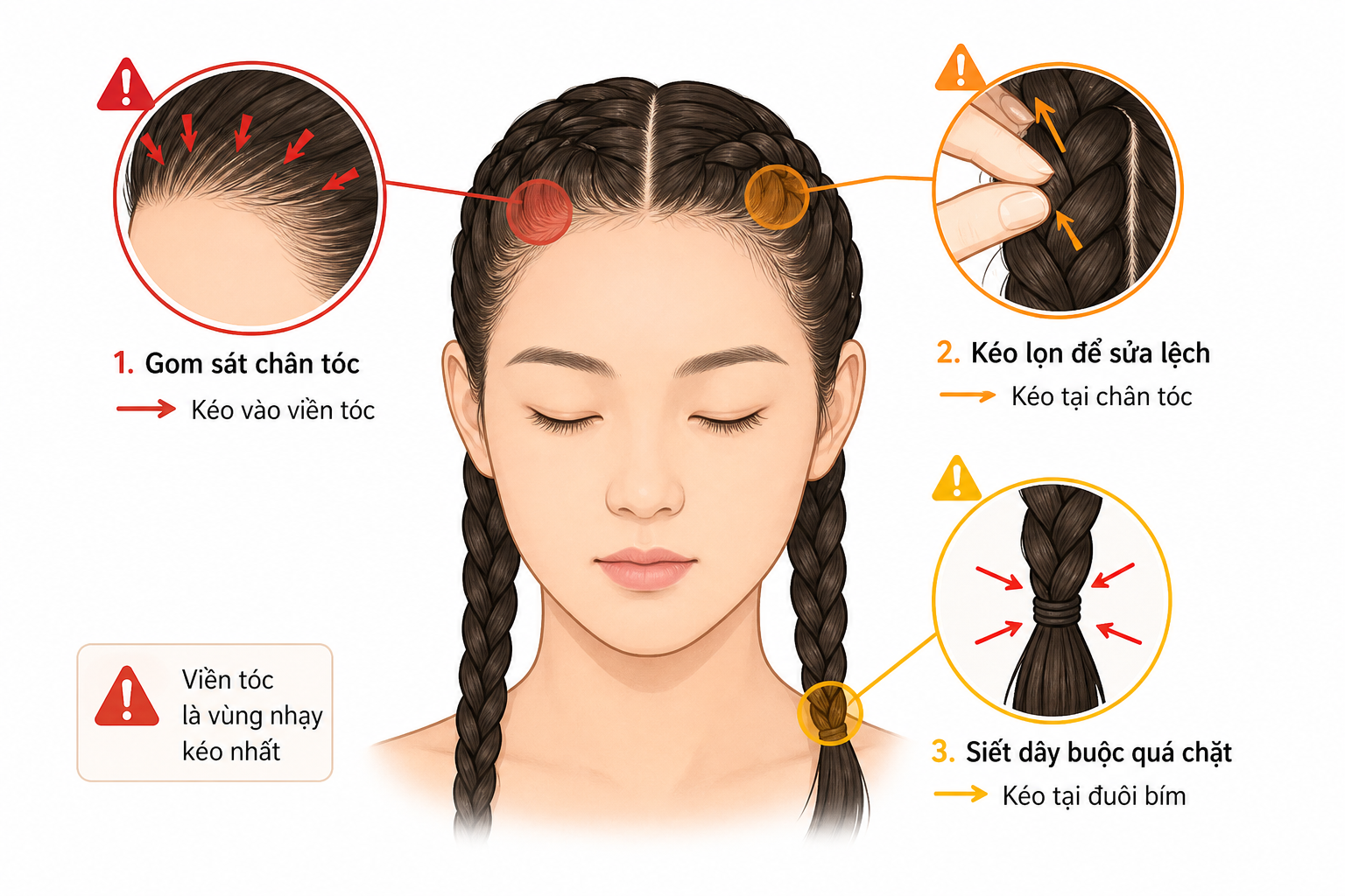 Minh họa kiểu tóc tết hai bên với các vị trí siết ở viền tóc, chân tóc và dây buộc được đánh dấu cảnh báo.