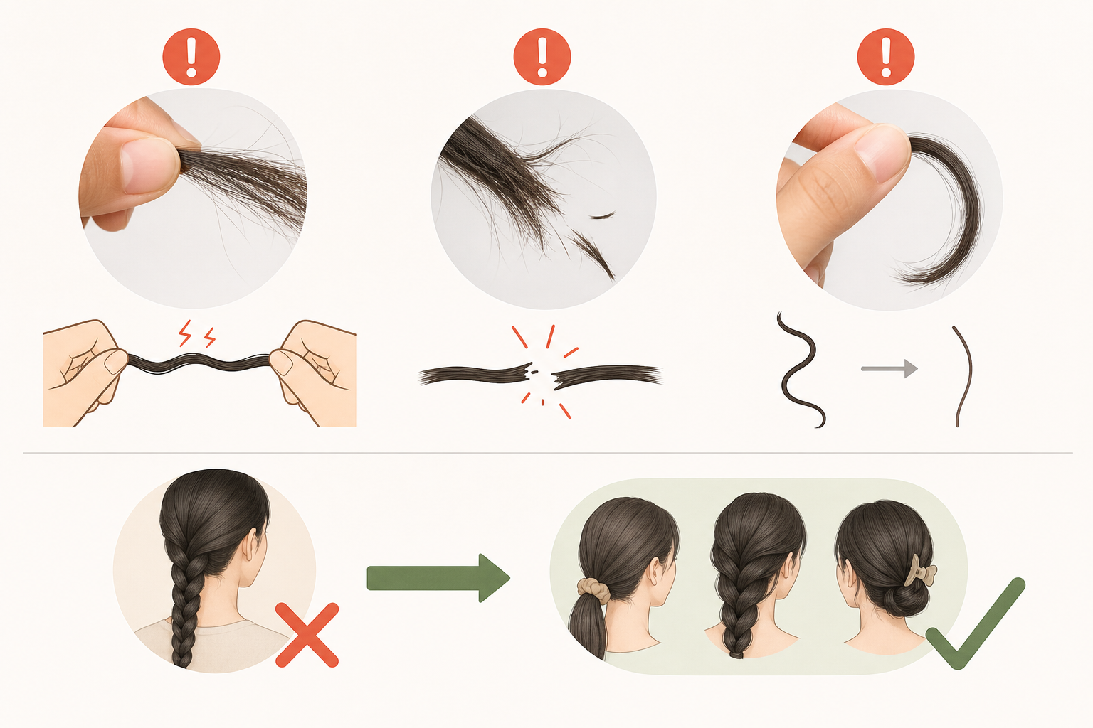 Minh họa tóc bị yếu, dễ gãy và các kiểu tết tóc nhẹ hơn khi buộc sau gáy