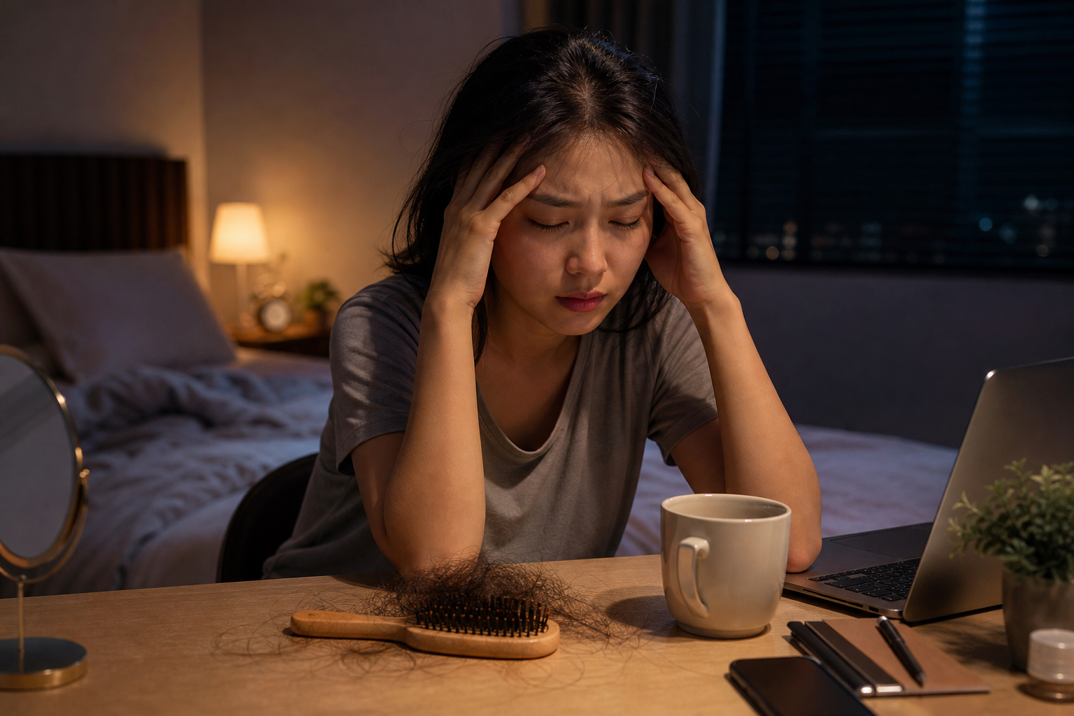 Người phụ nữ ngồi ôm đầu bên bàn, trước mặt có lược với tóc rụng, cốc nước và laptop trong phòng ngủ ban đêm