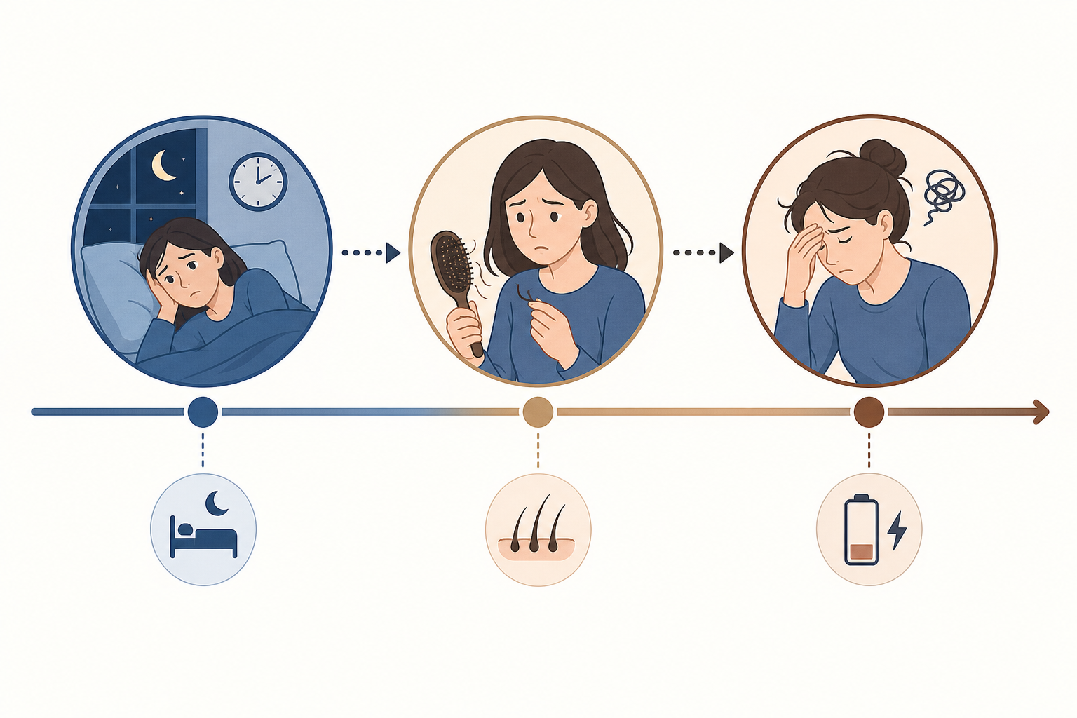 Minh họa người phụ nữ thức dậy mệt mỏi, cầm lược có tóc rụng và xoa trán trong một chuỗi thời gian về thiếu ngủ có gây rụng tóc không.
