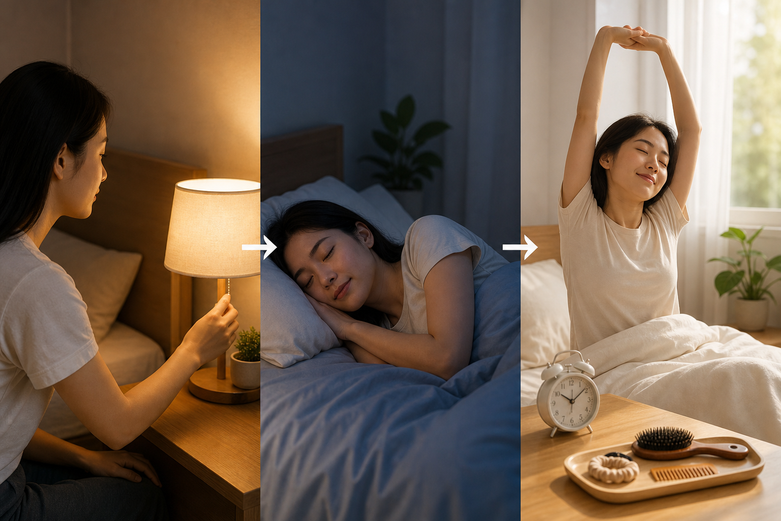Người phụ nữ chuyển từ thức khuya sang ngủ trên giường rồi thức dậy thư giãn, cạnh đó có đồng hồ và lược tóc.