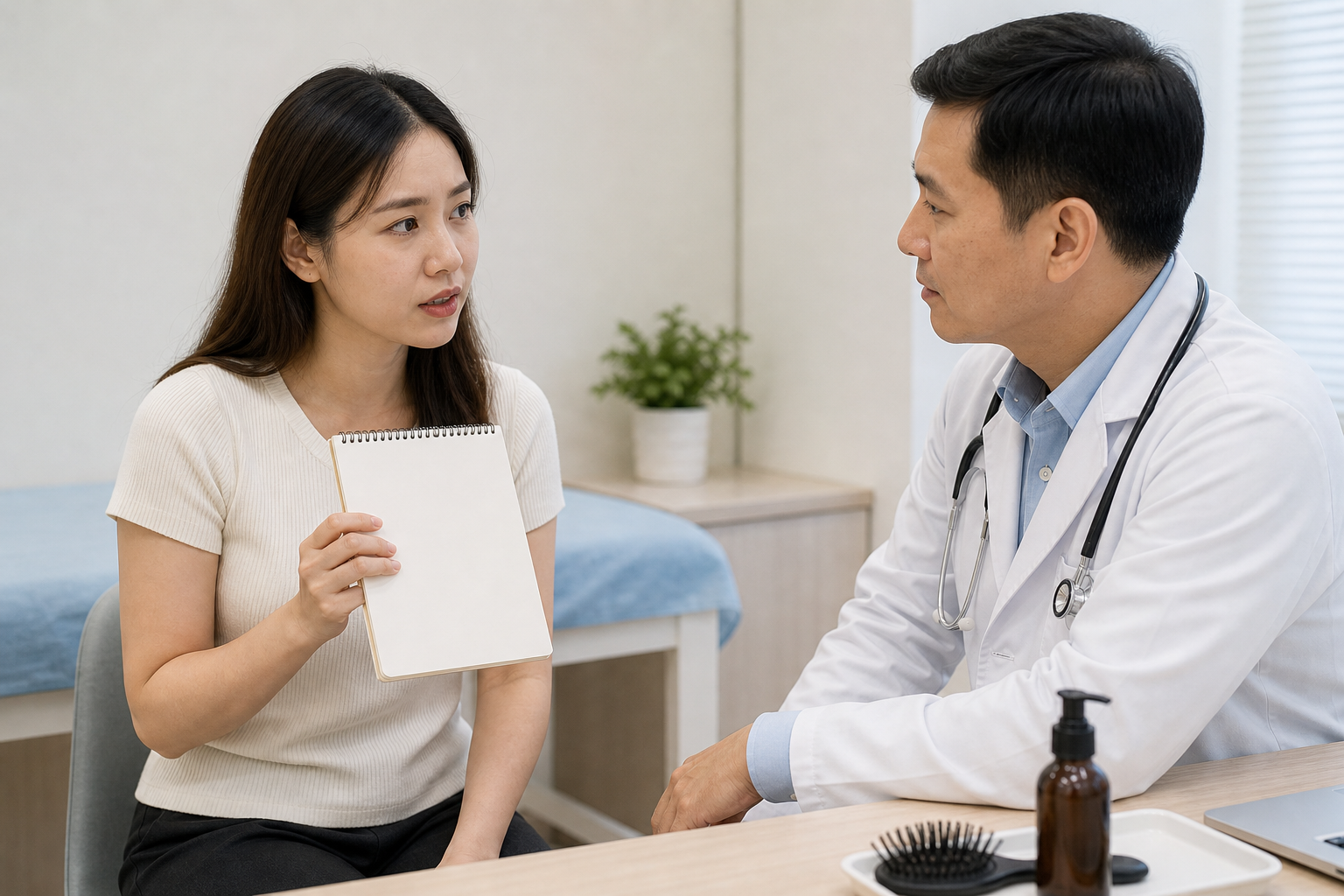 Người phụ nữ ngồi trao đổi với bác sĩ trong phòng khám và cầm một cuốn sổ tay trắng trước ngực.