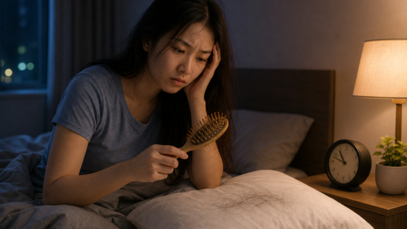 Người phụ nữ ngồi trên giường nhìn chiếc lược và mớ tóc rụng trên gối, trong phòng ngủ lúc tối