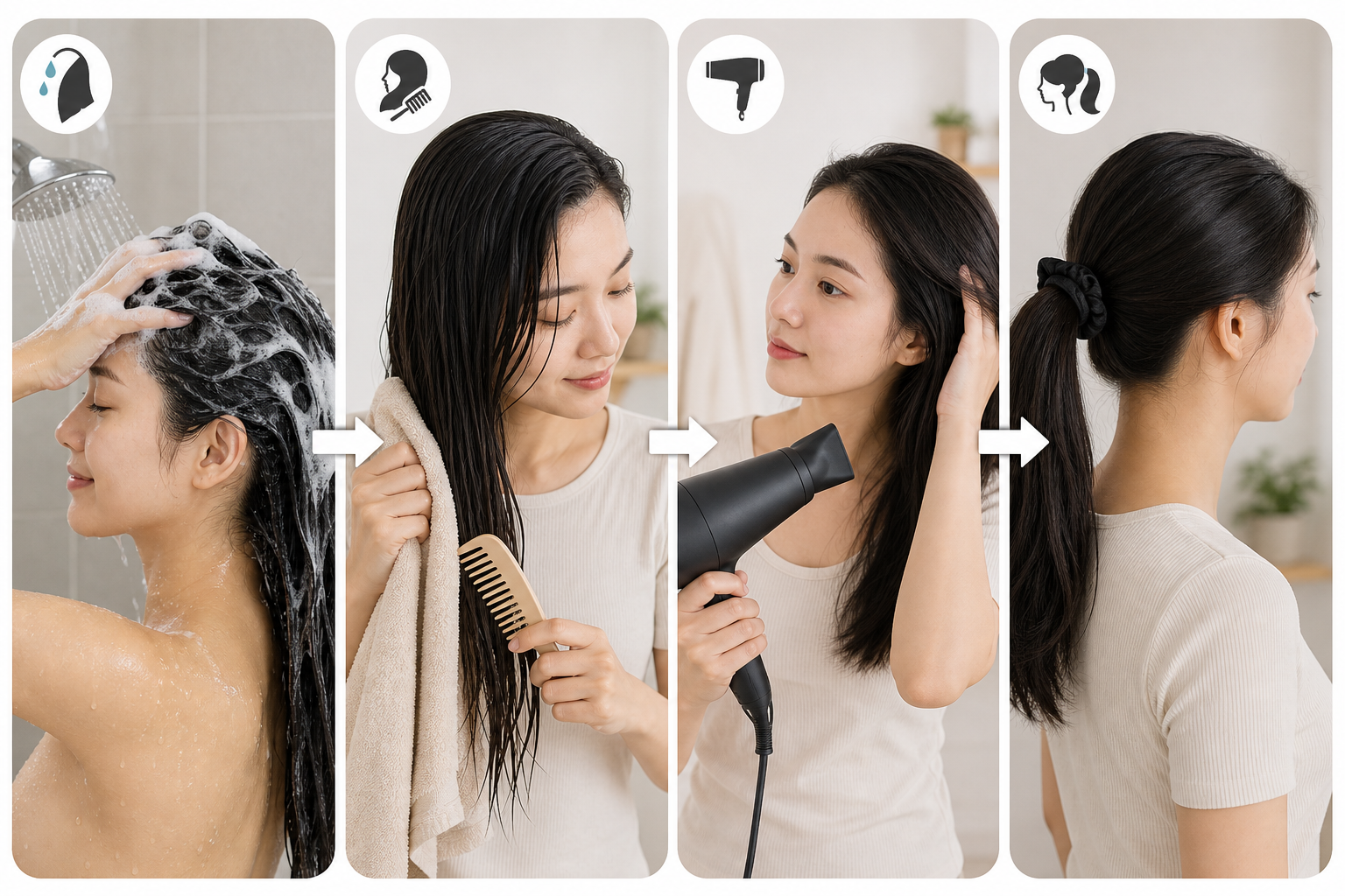 Chuỗi thao tác chăm sóc tóc gồm gội, lau, sấy và buộc tóc đuôi ngựa trong phòng tắm sáng màu.