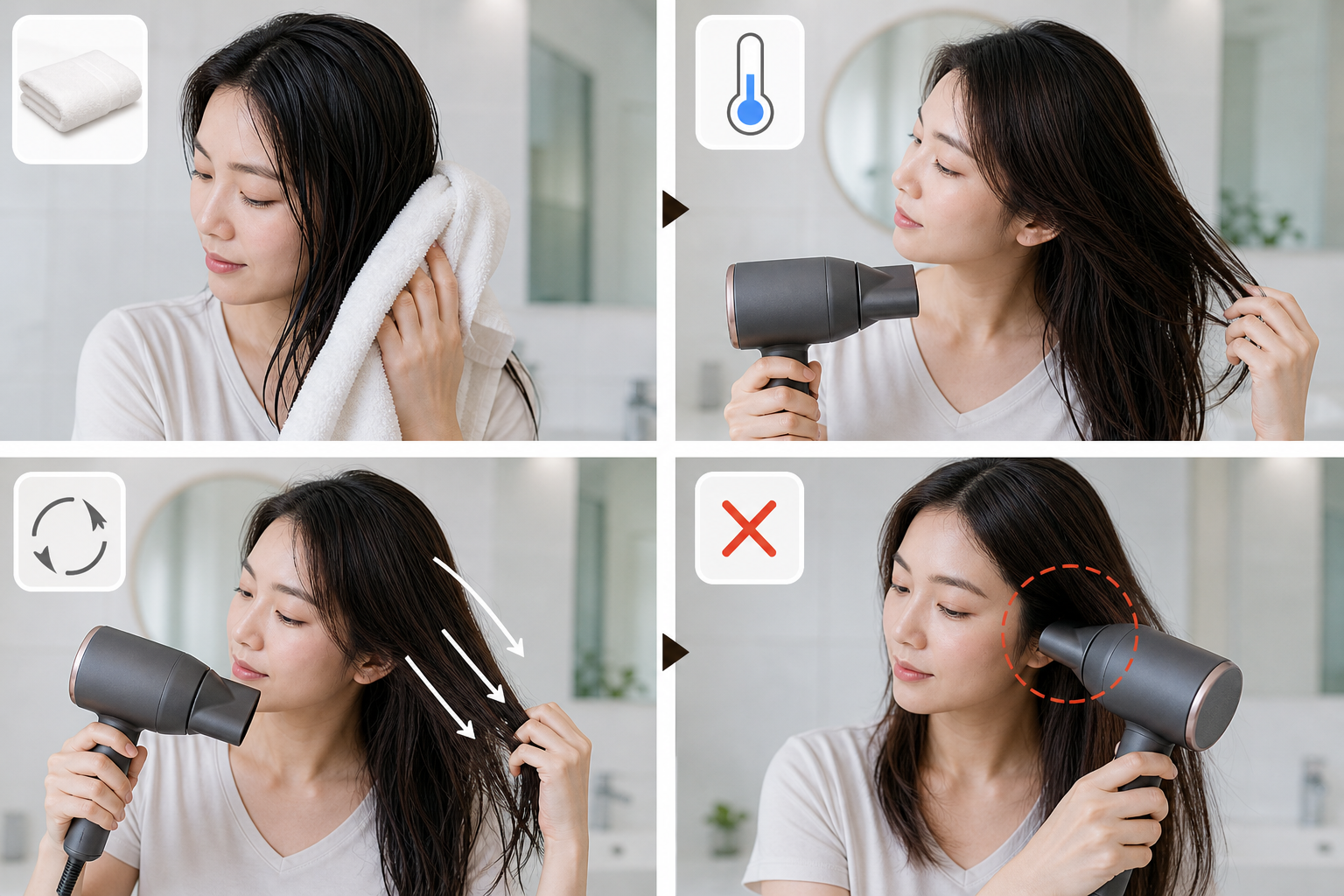 Người phụ nữ lau tóc bằng khăn rồi sấy tóc bằng máy sấy trong phòng tắm, minh họa thói quen sinh hoạt tốt cho tóc