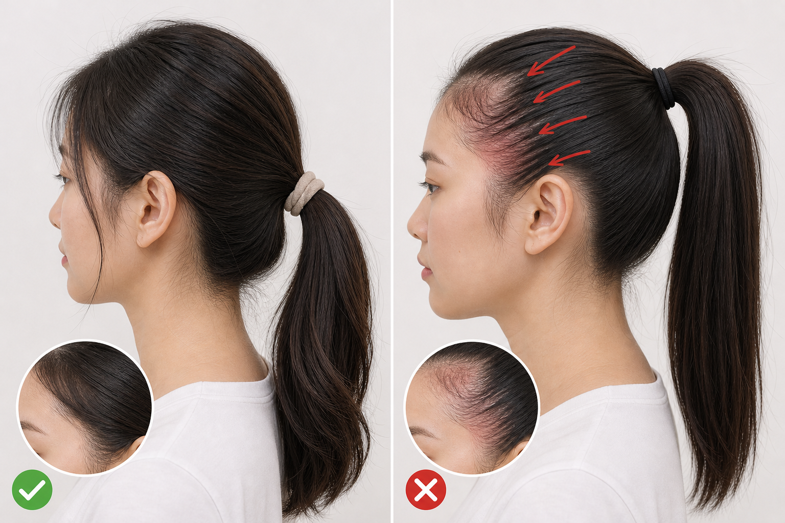 So sánh hai kiểu buộc tóc đuôi ngựa: một bên buộc nhẹ, một bên buộc quá chặt gây kéo căng chân tóc
