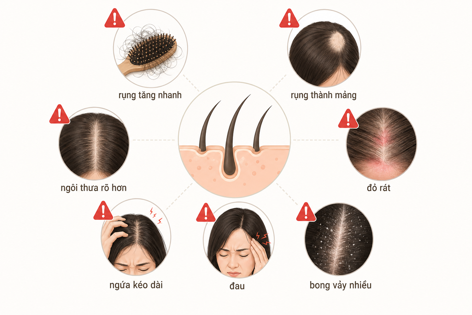 Sơ đồ các dấu hiệu da đầu và tóc gồm rụng tăng nhanh, ngôi thưa hơn, đỏ rát, ngứa kéo dài, đau và bong vảy nhiều