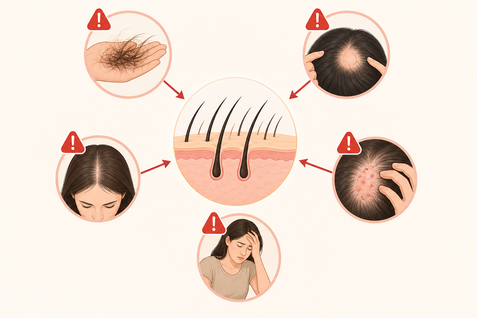 Sơ đồ cảnh báo các vấn đề tóc với tóc rụng trên tay, mảng thưa trên da đầu và hình cắt lớp nang tóc ở giữa.