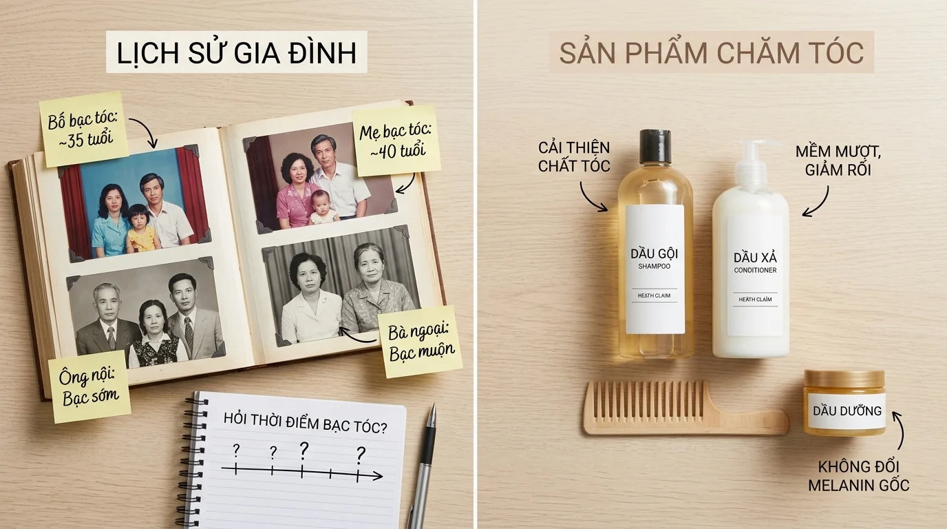 Sổ ảnh gia đình có ghi chú về tóc bạc sớm và bên cạnh là các sản phẩm chăm tóc trên nền gỗ.