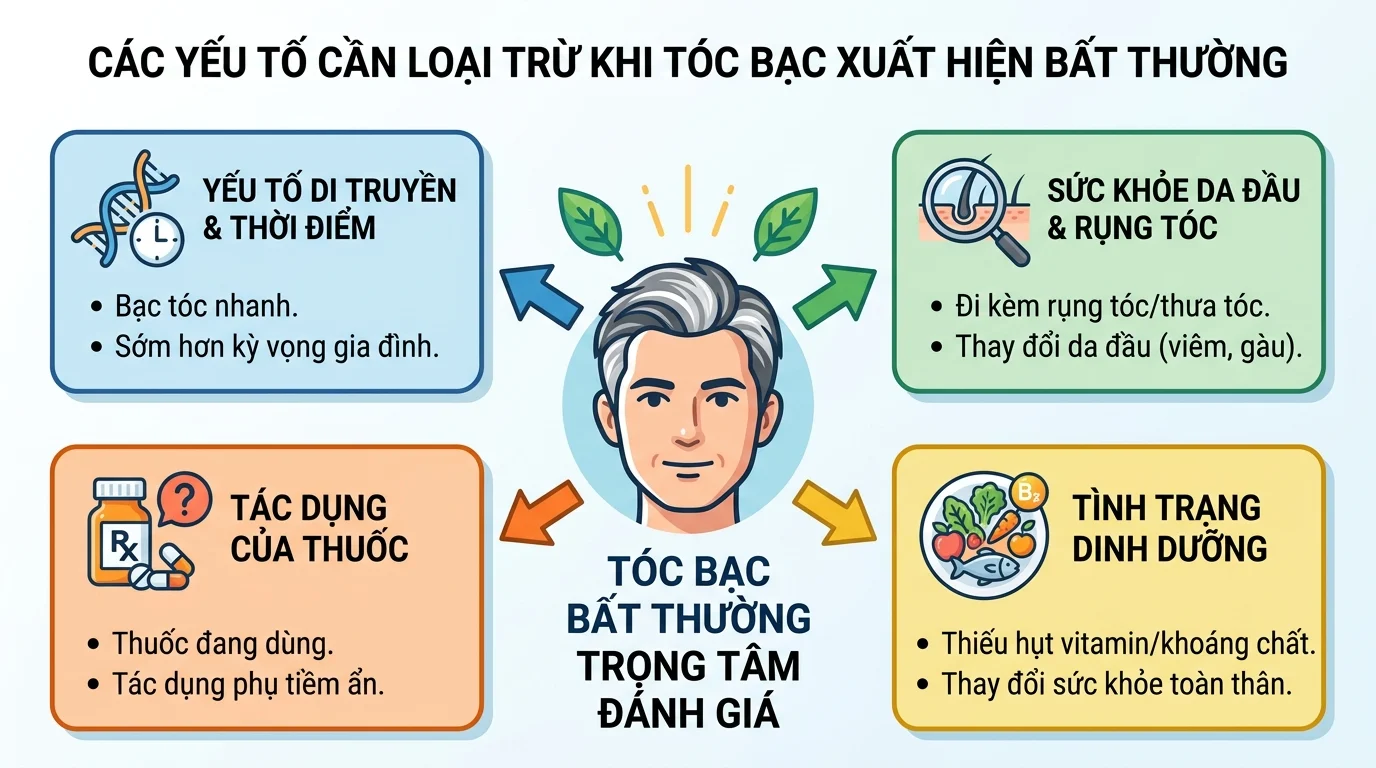 Sơ đồ về tóc bạc sớm với khuôn mặt nam ở giữa và bốn ô nêu yếu tố di truyền, da đầu, thuốc và dinh dưỡng