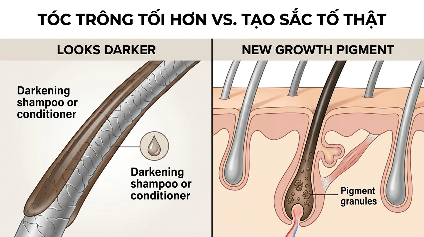 Sơ đồ so sánh tóc trông tối hơn do dầu gội hoặc dầu xả với tóc có sắc tố mới từ nang tóc, liên quan tóc bạc sớm.