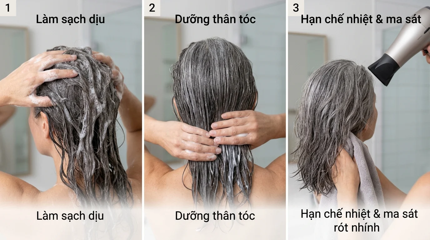 Người phụ nữ tóc bạc đang gội đầu, vuốt dưỡng và sấy khô tóc trong phòng tắm.