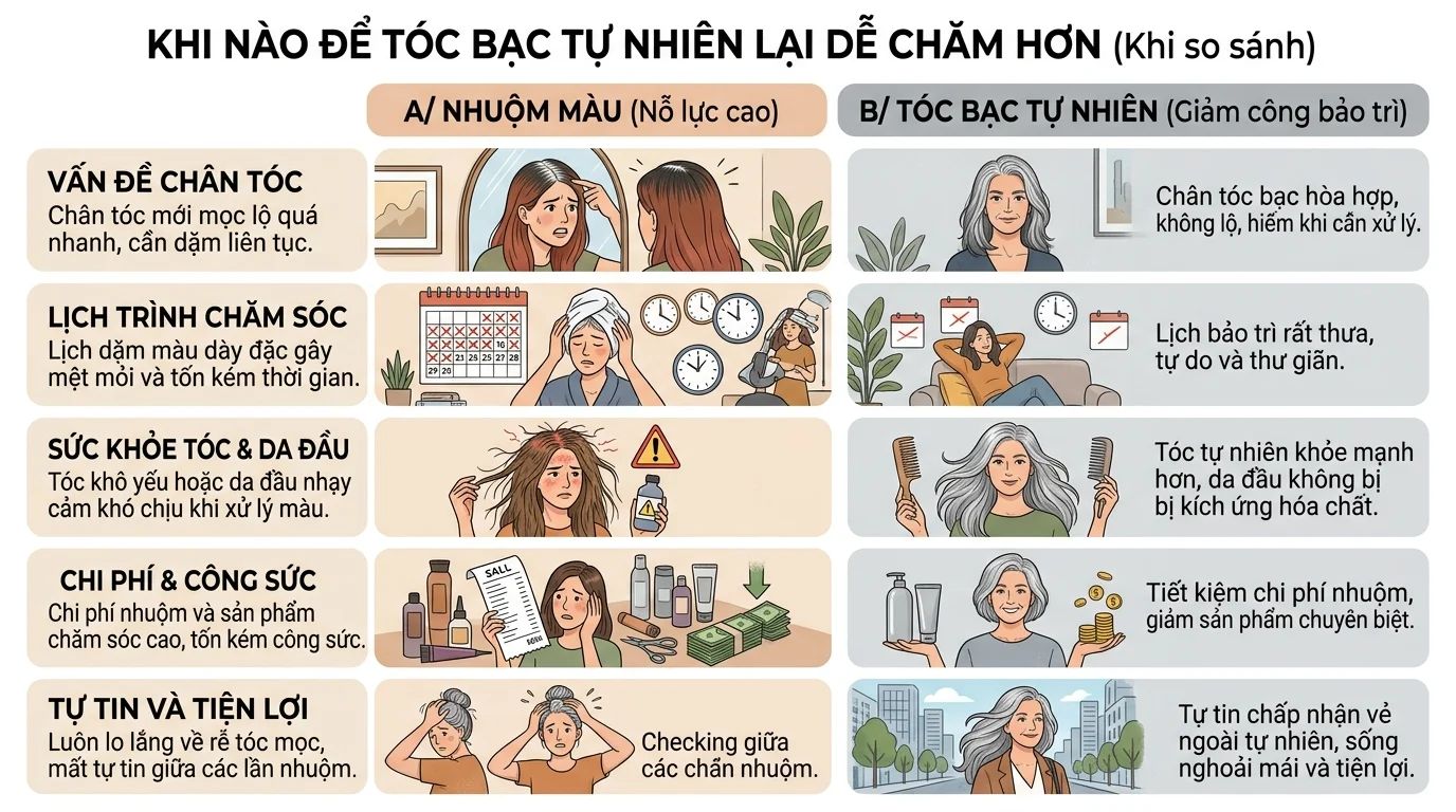 Bảng so sánh tóc bạc tự nhiên với nhuộm màu, kèm các minh họa về chăm sóc tóc, lịch bảo trì và chi phí.