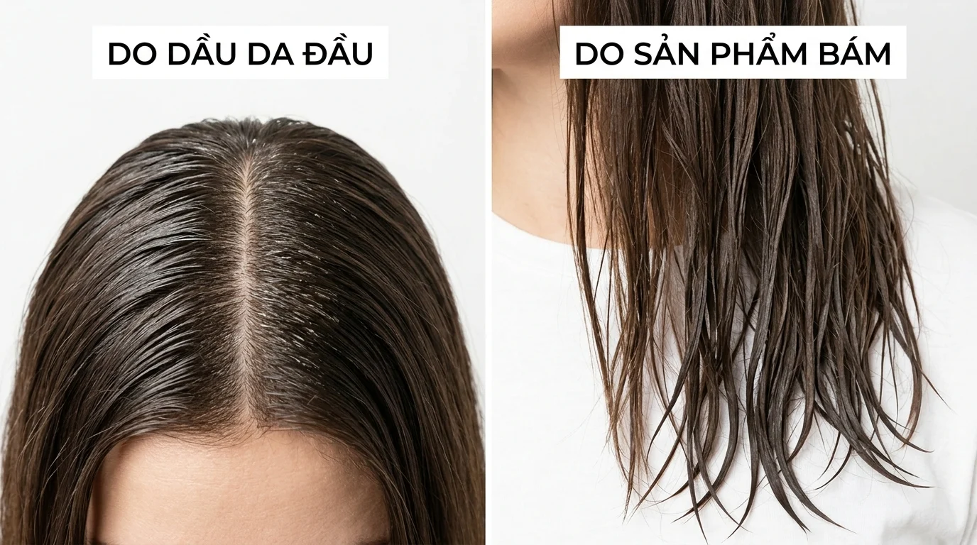 Tóc rẽ ngôi có phần chân tóc bóng sát da đầu bên trái và phần đuôi tóc ướt, bám thành lọn bên phải.