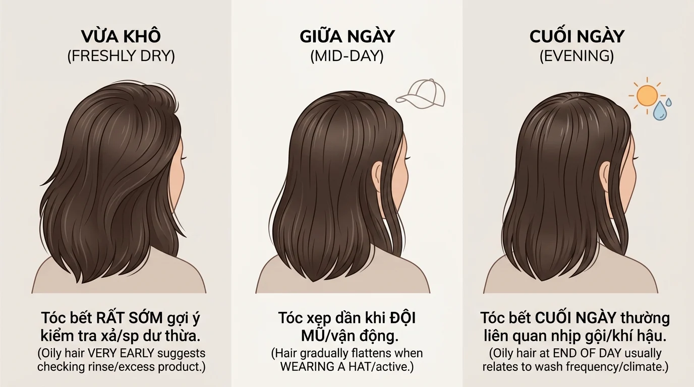 Ba hình so sánh tóc bết ở ba thời điểm trong ngày: vừa khô, giữa ngày và cuối ngày, với minh họa mái tóc nhìn từ phía sau.