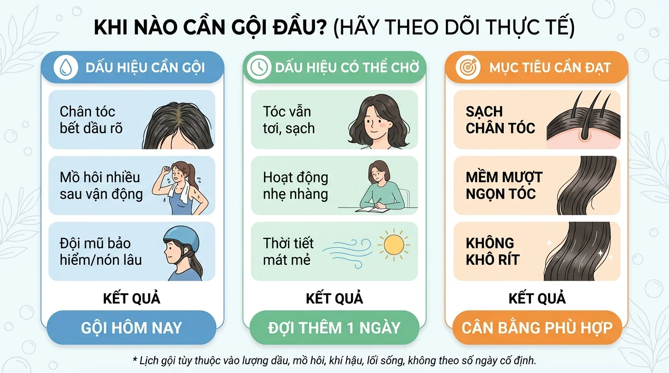 Infographic tiếng Việt về khi nào cần gội đầu, với các dấu hiệu da đầu bết dầu, đổ mồ hôi và đội mũ lâu.