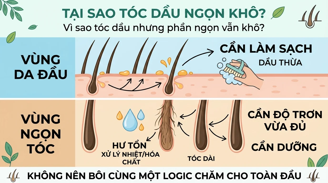 Sơ đồ da đầu và phần ngọn tóc cho thấy vùng da đầu cần làm sạch dầu thừa, còn vùng ngọn tóc cần độ trơn vừa đủ và dưỡng