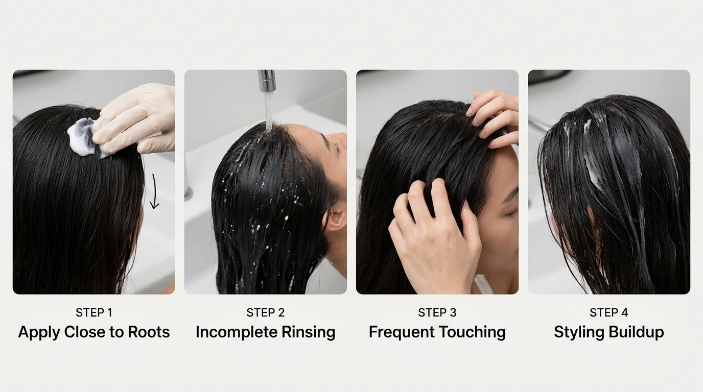 Bốn khung cảnh cho thấy tóc ướt đang được gội, xả nước, chạm tay lên tóc và tóc bết lại do sản phẩm còn sót.