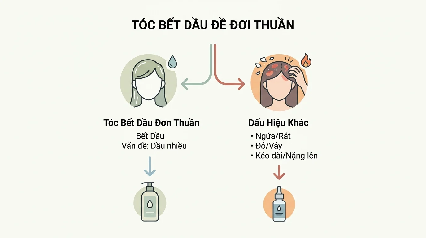 Infographic so sánh tóc bết dầu đơn thuần với dấu hiệu khác như ngứa, đỏ, vảy và rát trên da đầu.