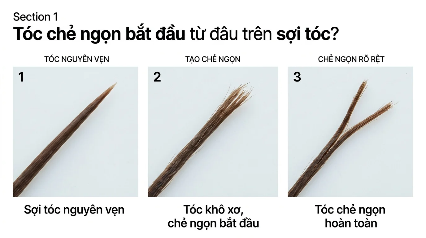 Ba hình so sánh một sợi tóc nguyên vẹn, tóc khô xơ bắt đầu chẻ ngọn và tóc chẻ ngọn tách rõ ở phần đầu sợi tóc.