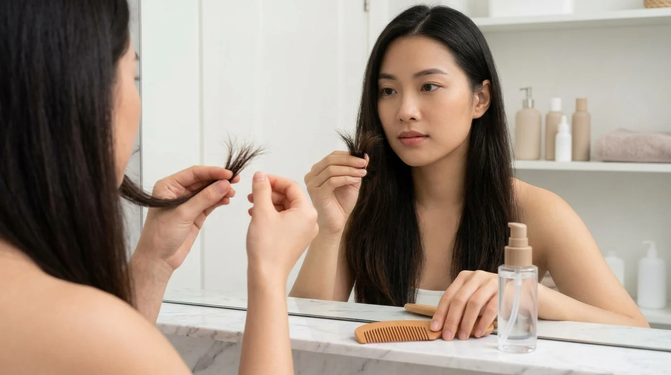 Người phụ nữ soi tóc trong gương và cầm phần đuôi tóc có vẻ chẻ ngọn, bên cạnh lược và chai dưỡng tóc trên bàn