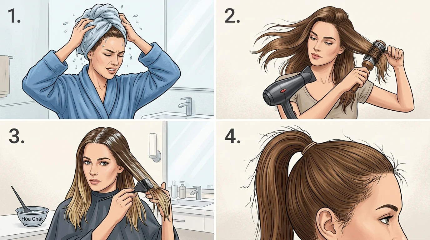 Bốn khung cảnh một phụ nữ lau tóc, sấy và chải tóc, cùng buộc tóc đuôi ngựa cao trong phòng tắm và trước gương.