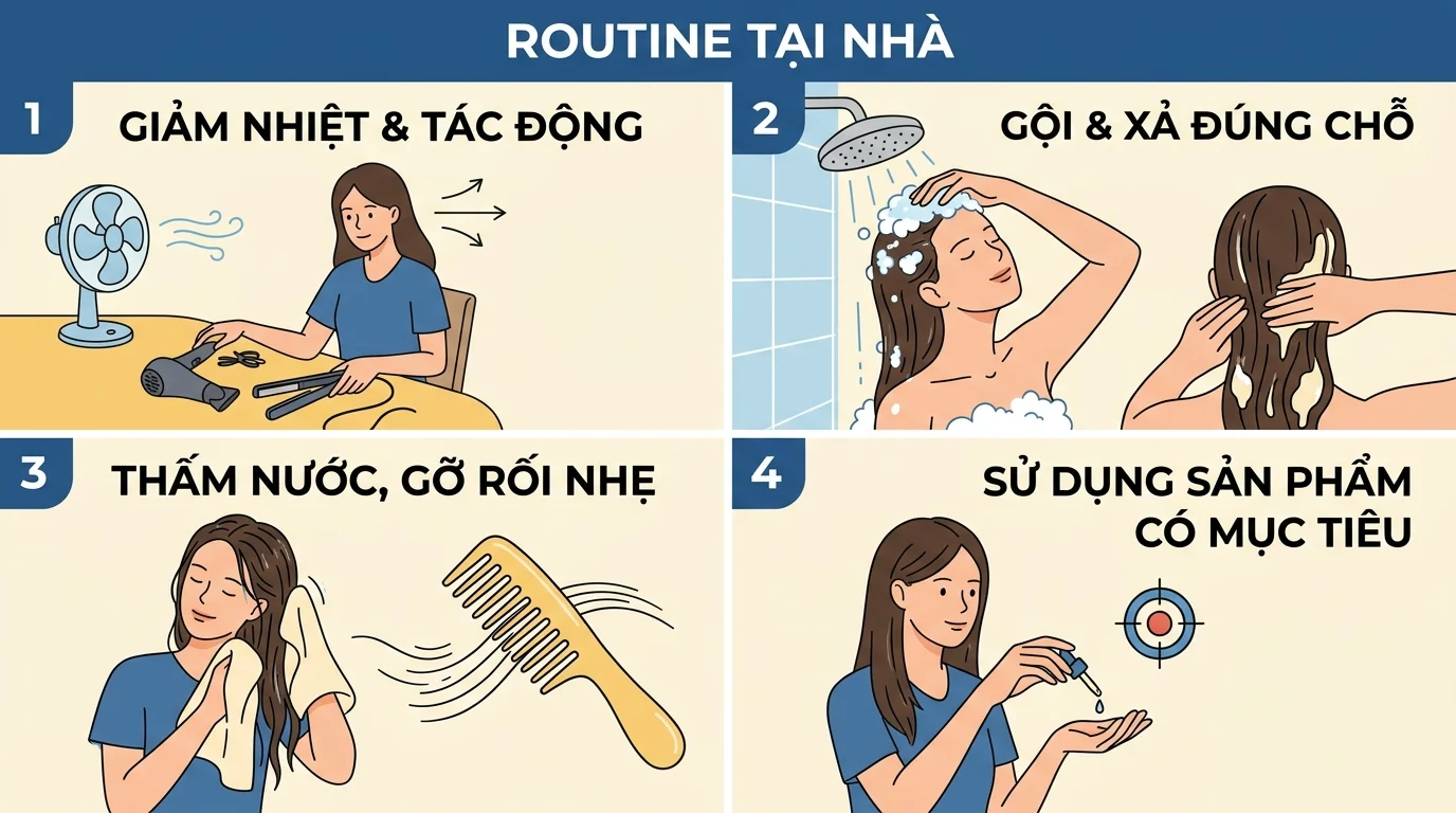 Infographic bốn bước chăm sóc tóc tại nhà, từ giảm nhiệt và tác động đến gội đúng chỗ, thấm nước rồi dùng sản phẩm có mục tiêu.