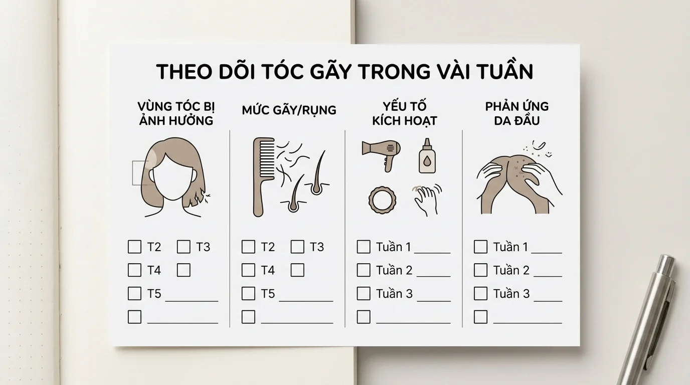 Bảng theo dõi tóc gãy trong vài tuần với các ô đánh dấu, hình minh họa tóc, lược, máy sấy và tay chạm lên da đầu.