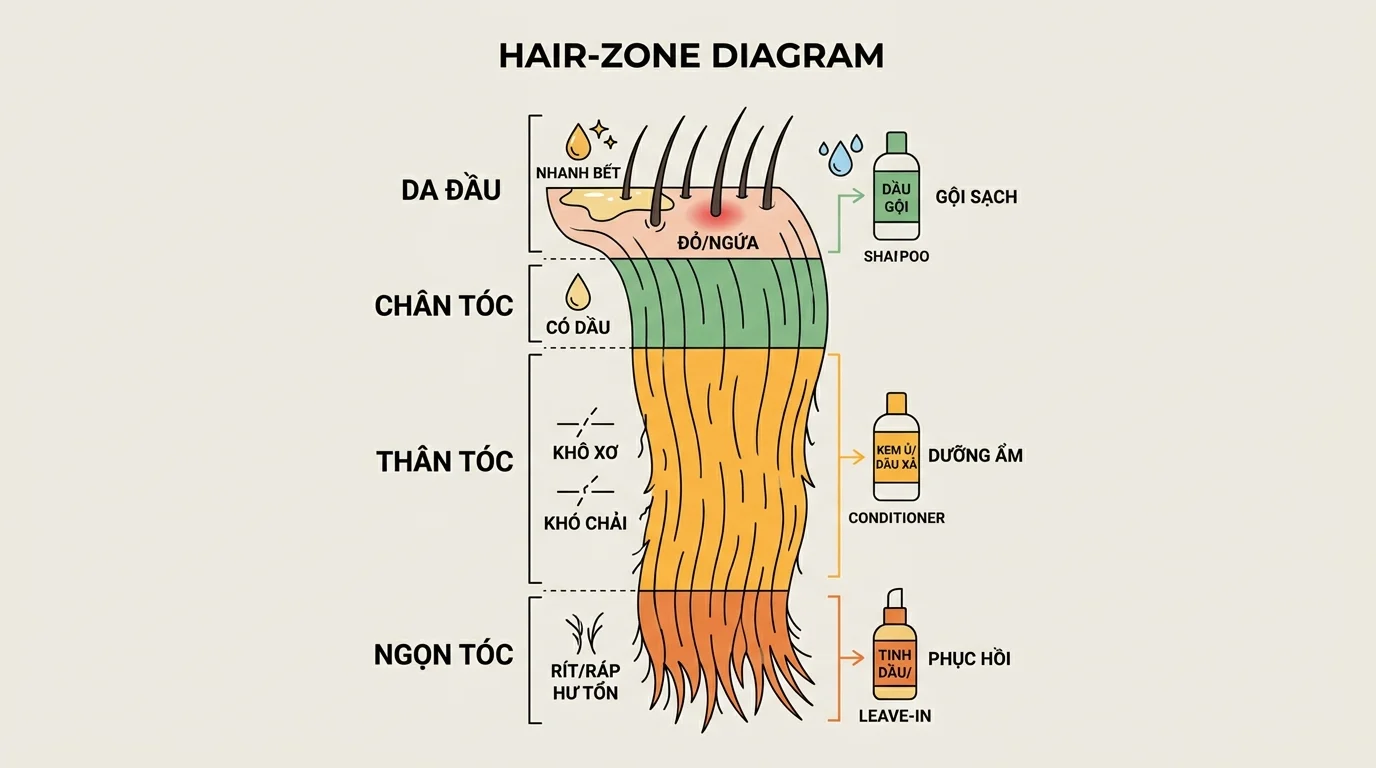 Sơ đồ chia vùng da đầu, chân tóc, thân tóc và ngọn tóc với các biểu tượng chăm sóc khác nhau cho tóc khô xơ.