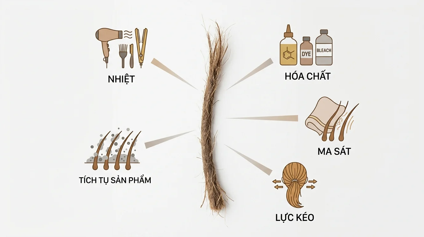 Một lọn tóc khô xơ ở giữa, xung quanh là các biểu tượng nhiệt, hóa chất, ma sát, lực kéo và tích tụ sản phẩm.