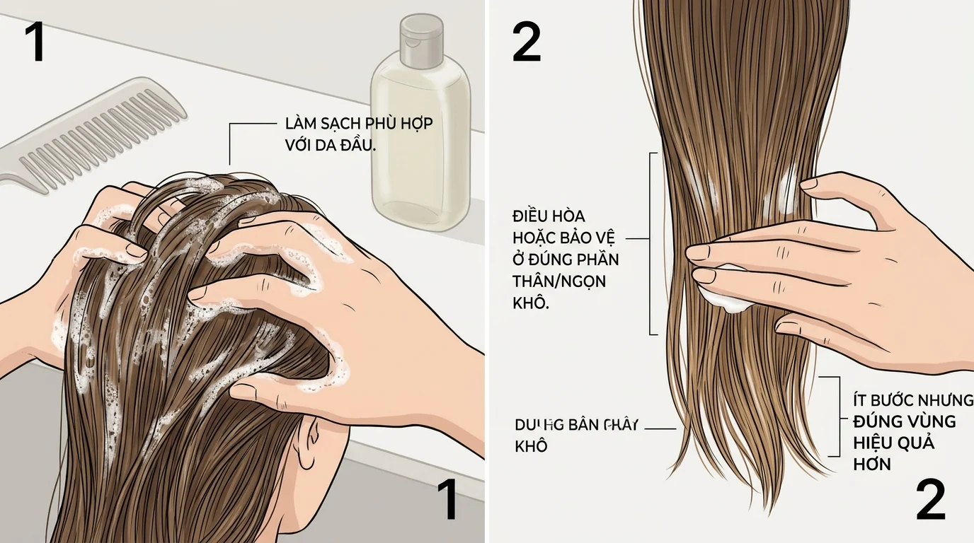Hai bàn tay đang gội tóc với bọt và thoa sản phẩm lên thân tóc khô xơ, kèm lược và chai dưỡng bên cạnh.