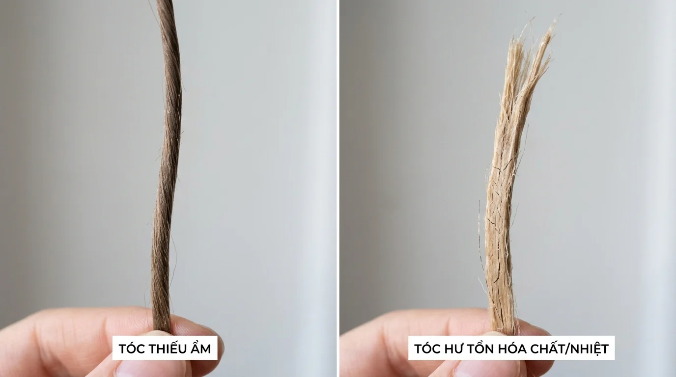 Hai lọn tóc được cầm trên tay để so sánh tóc thiếu ẩm với tóc khô xơ hư tổn
