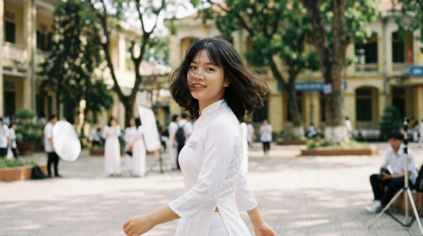 Một nữ sinh mặc áo dài trắng đang xoay người mỉm cười ngoài sân trường với nhiều người và thiết bị chụp ảnh phía sau.
