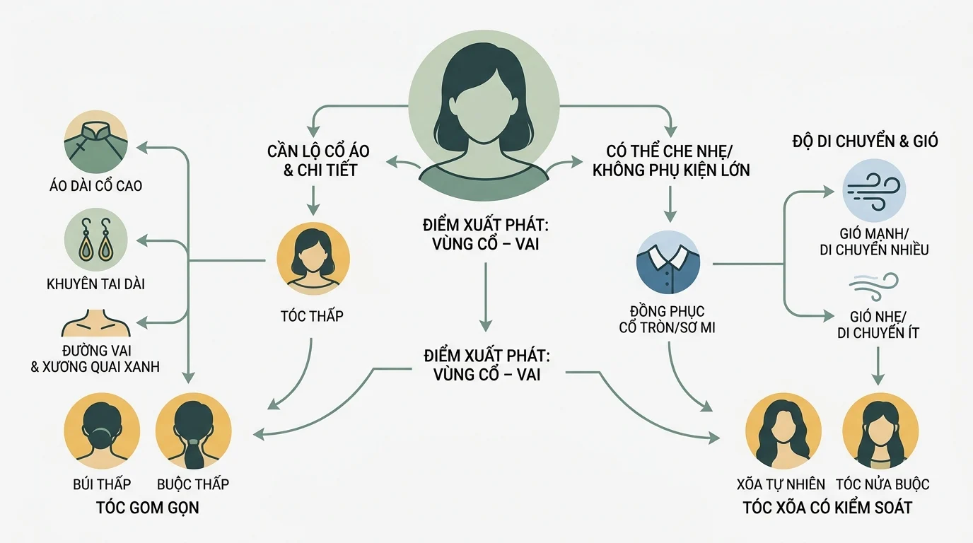 Sơ đồ tóc kỷ yếu với các biểu tượng cổ, vai, áo dài, đồng phục và kiểu tóc búi thấp, buộc thấp, xõa tự nhiên.