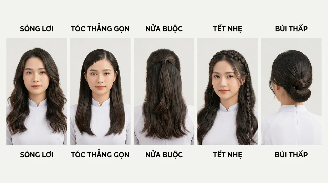 Năm kiểu tóc kỷ yếu của một cô gái gồm sóng lơi, tóc thẳng gọn, nửa buộc, tết nhẹ và búi thấp