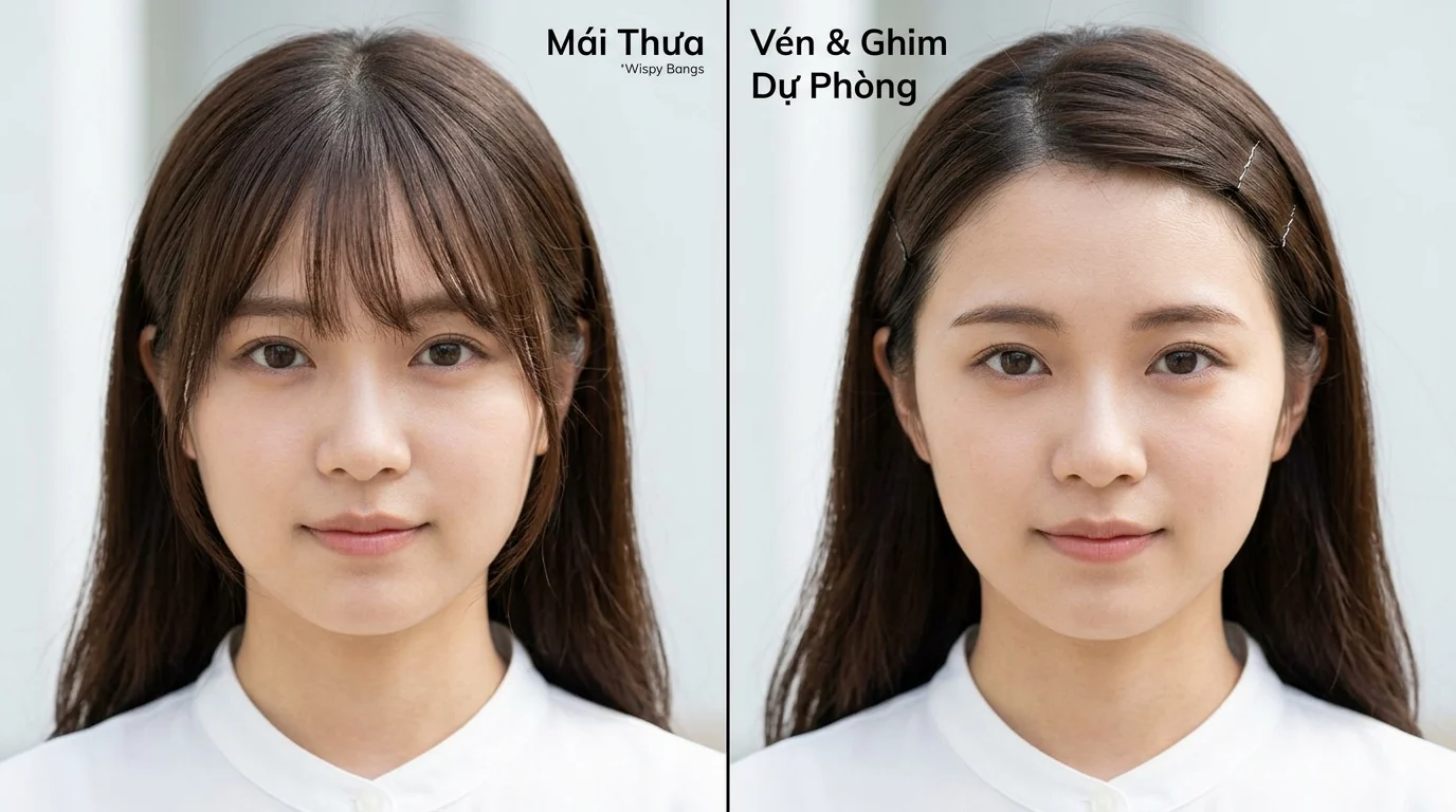 Ảnh chân dung so sánh tóc kỷ yếu với mái thưa ở bên trái và tóc được ghim gọn ở bên phải, trên nền sáng