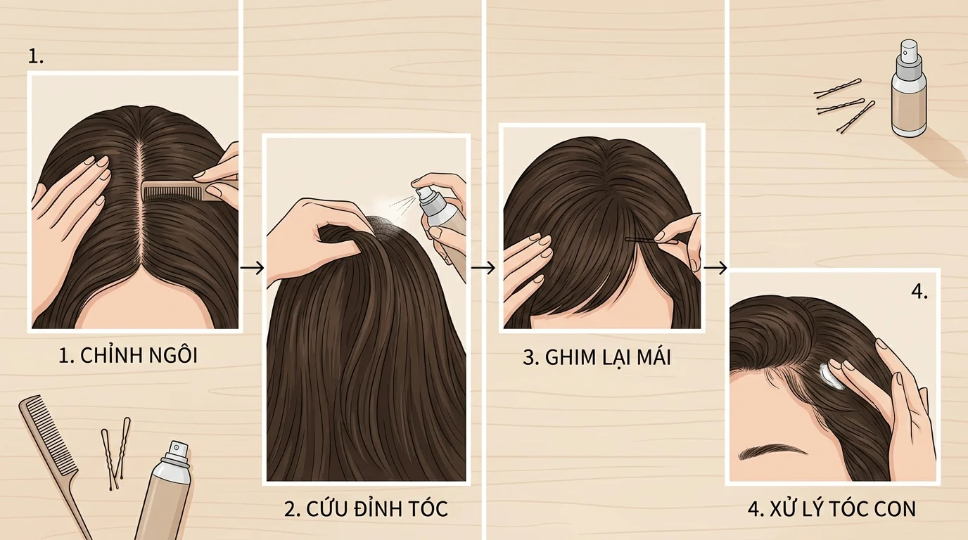 Minh họa các bước giữ tóc kỷ yếu gọn: chỉnh ngôi, xịt cố định, ghim lại mái và xử lý tóc con.