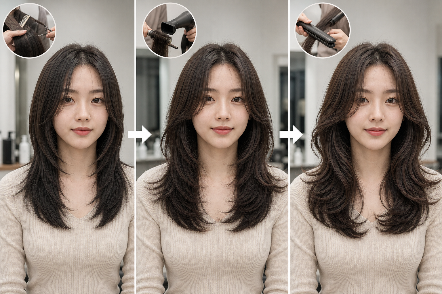 Người phụ nữ tóc layer dài đang được cắt, sấy và kẹp tạo kiểu trong salon, với ba trạng thái mái tóc khác nhau