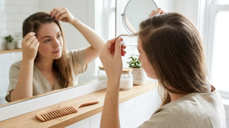 Người phụ nữ soi gương và dùng tay kiểm tra tóc mỏng yếu ở phần mái, với lược đặt trên bàn cạnh bồn rửa.