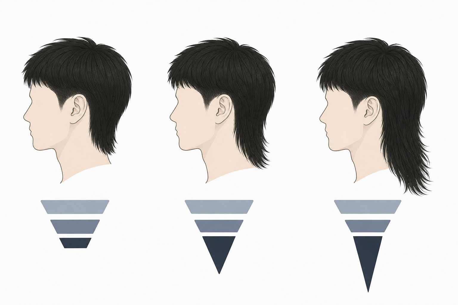 Ba kiểu tóc mullet nhìn ngang với phần đỉnh và gáy có độ dài khác nhau trên nền trắng
