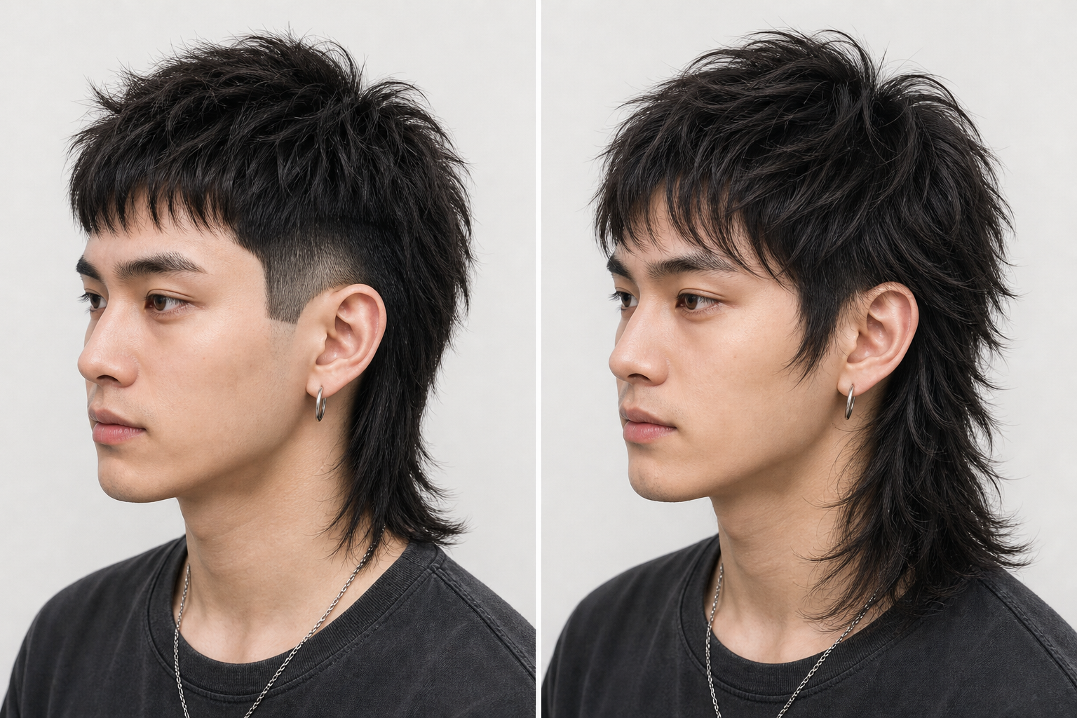 Hai góc nghiêng của cùng một người đàn ông với tóc mullet đen, một kiểu ôm sát hơn và một kiểu layer dài hơn ở sau gáy.