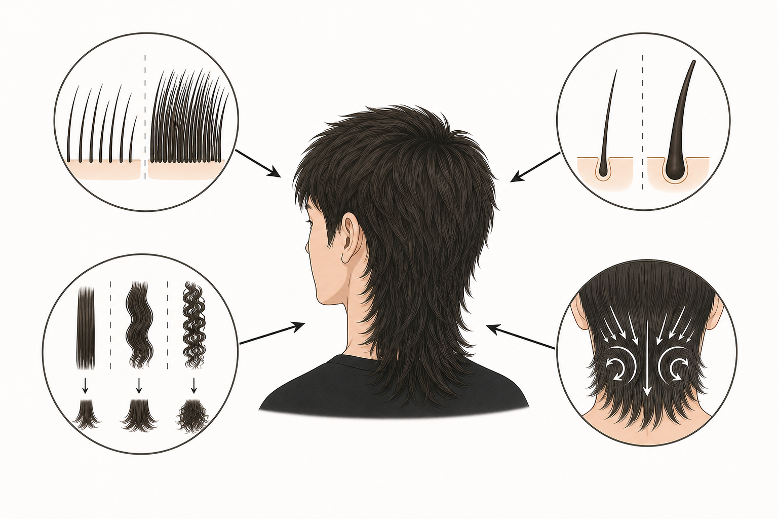 Minh họa kiểu tóc mullet nhìn từ phía sau, kèm các sơ đồ về mật độ tóc, độ dày sợi, độ xoăn và hướng mọc ở gáy.