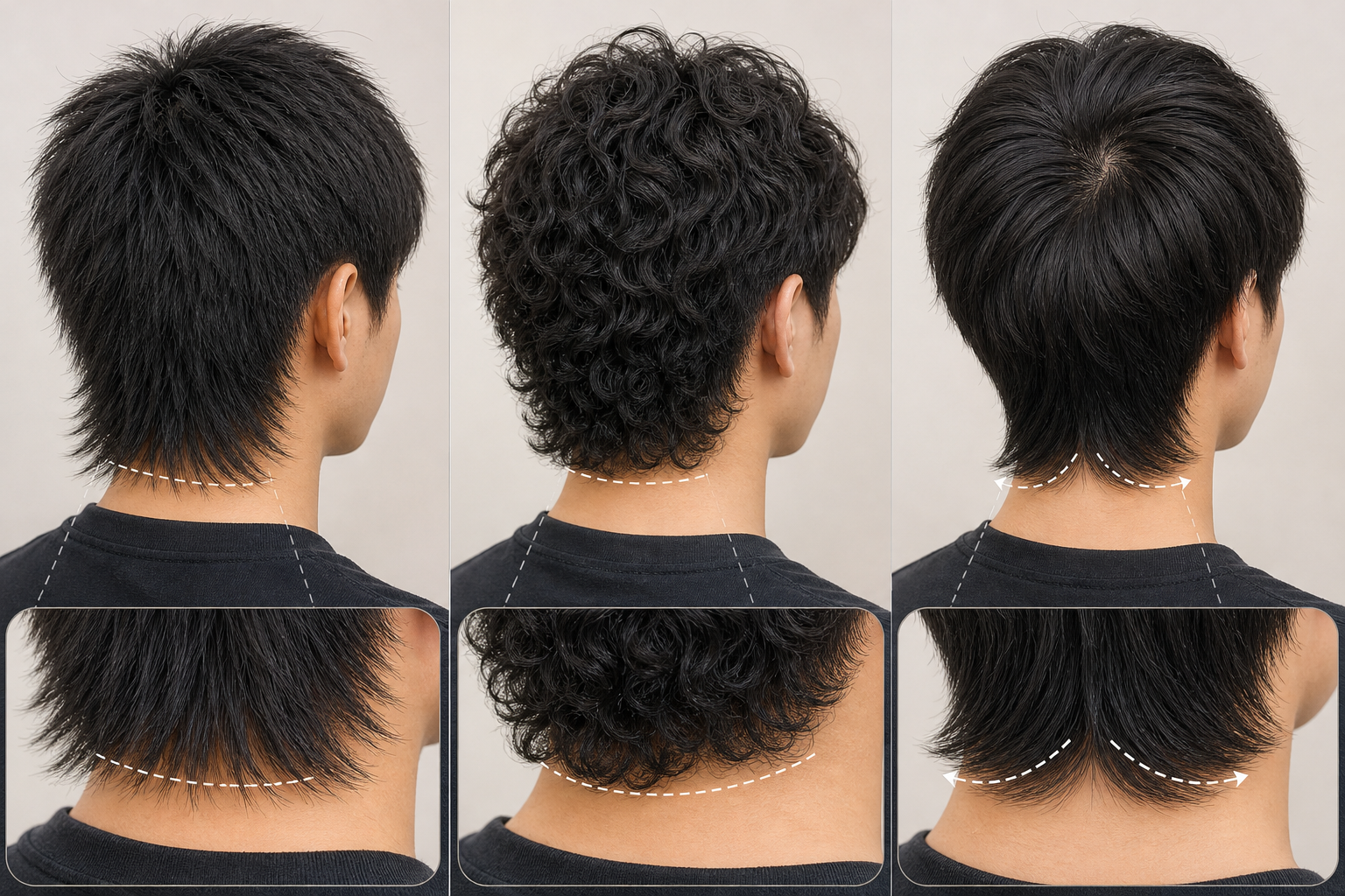 Ba góc nhìn phía sau một người đàn ông với tóc mullet, cho thấy phần gáy và đường viền tóc khác nhau.