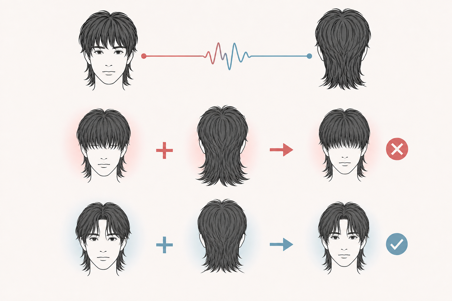 Minh họa kiểu tóc mullet với phần mái và phần gáy dài được đặt cạnh nhau, kèm dấu cộng, mũi tên và dấu kiểm.