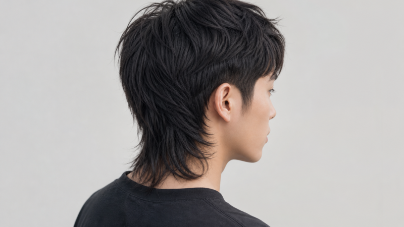 Người đàn ông chụp nghiêng với tóc mullet đen, phần gáy dài hơn và hai bên ngắn, nền trơn sáng.
