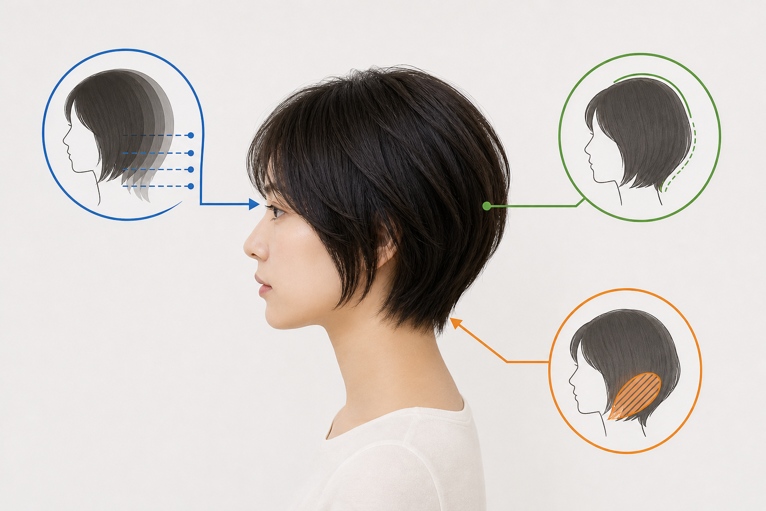 Người phụ nữ tóc ngắn nhìn nghiêng, xung quanh có các sơ đồ minh họa form tóc ngắn bằng đường nét và mũi tên màu sắc.