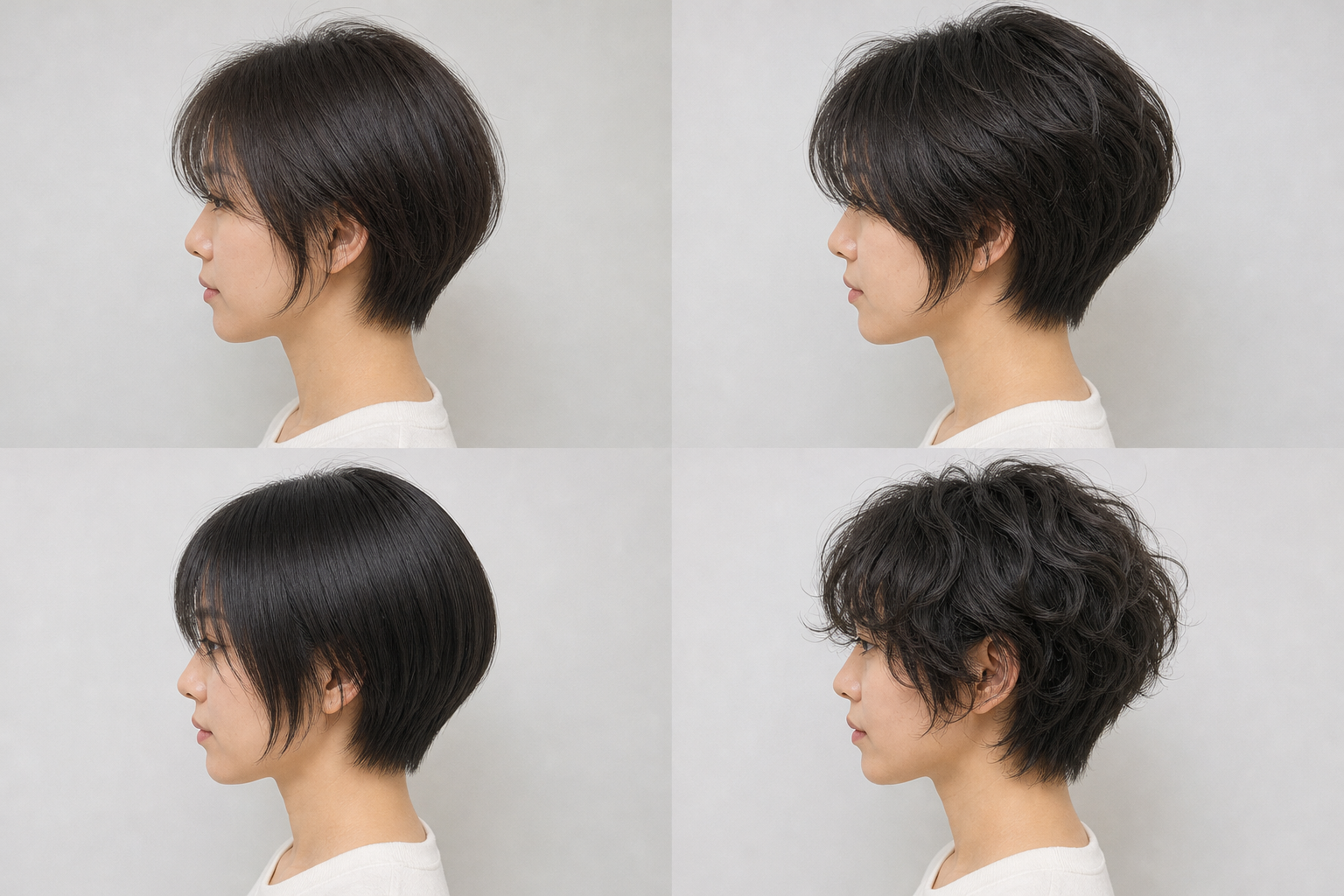 Bốn kiểu tóc ngắn nhìn ngang trên cùng một khuôn mặt, với độ phồng và nếp tóc khác nhau.