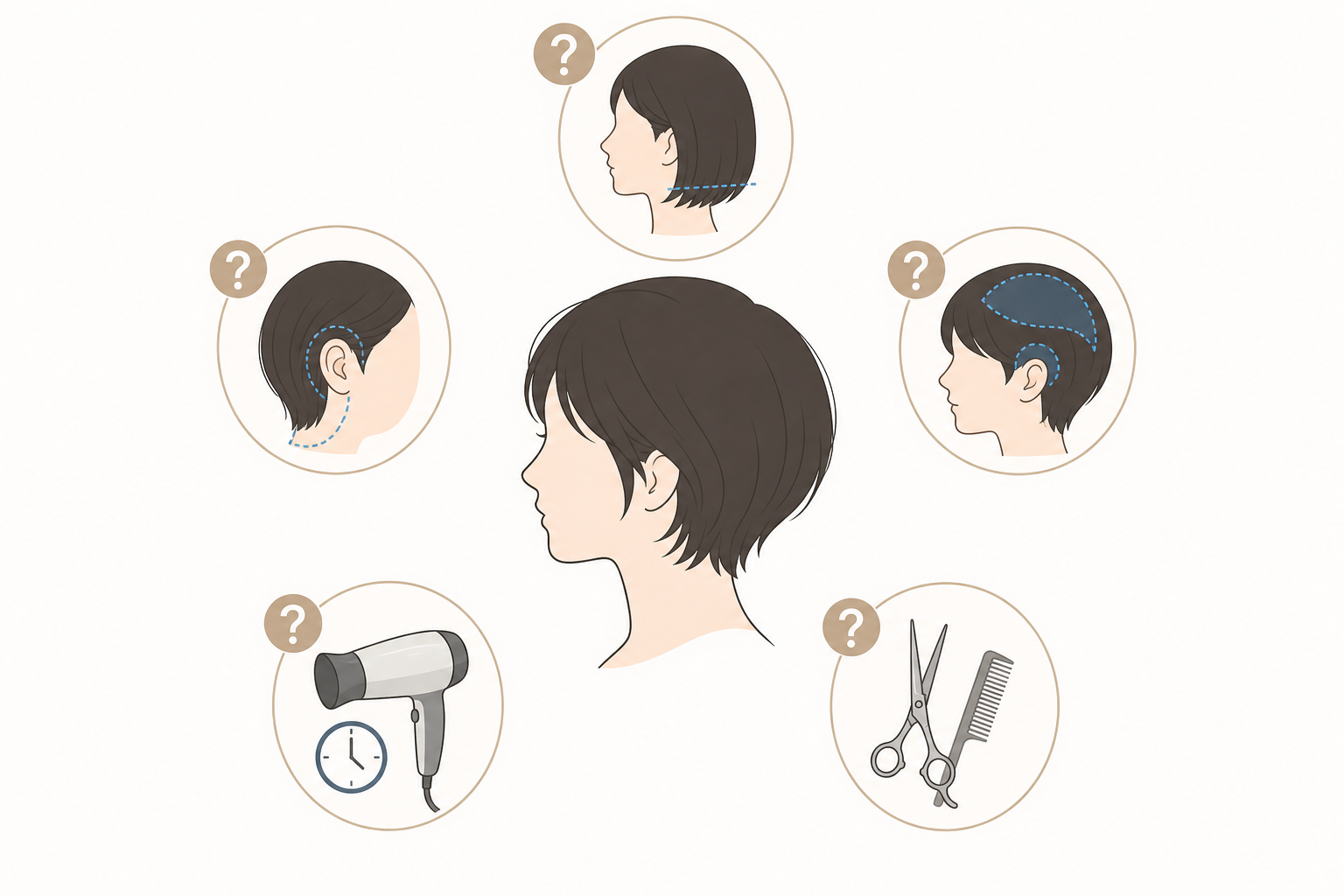 Minh họa tóc ngắn với nhiều góc nhìn khuôn đầu, kèm kéo, lược, máy sấy và dấu hỏi quanh kiểu tóc
